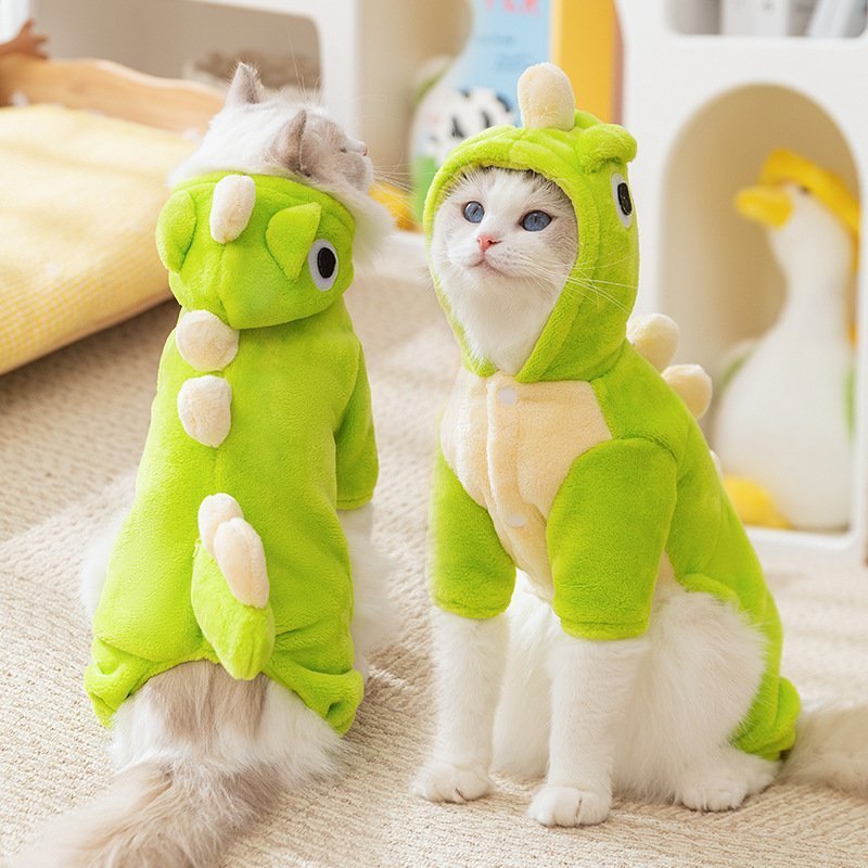 主图_1 Autumn & Winter Cat & Dog Fleece Jumpsuit, Cute Dinosaur Costume, Thickened Warm 4-Legged Outfit with Traction Function - Imagen 1