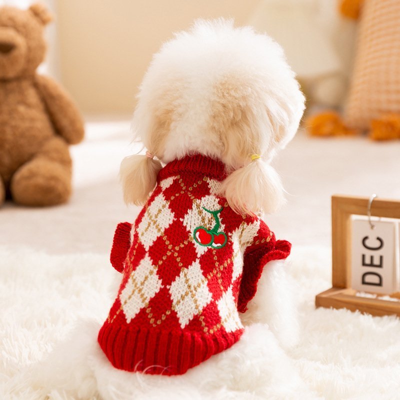 主图_2 Festive Dog Sweater with Rhombus Embroidery & Cherry Pattern for Halloween & Christmas, Pet Apparel for Small Dog Breeds - Imagen 1